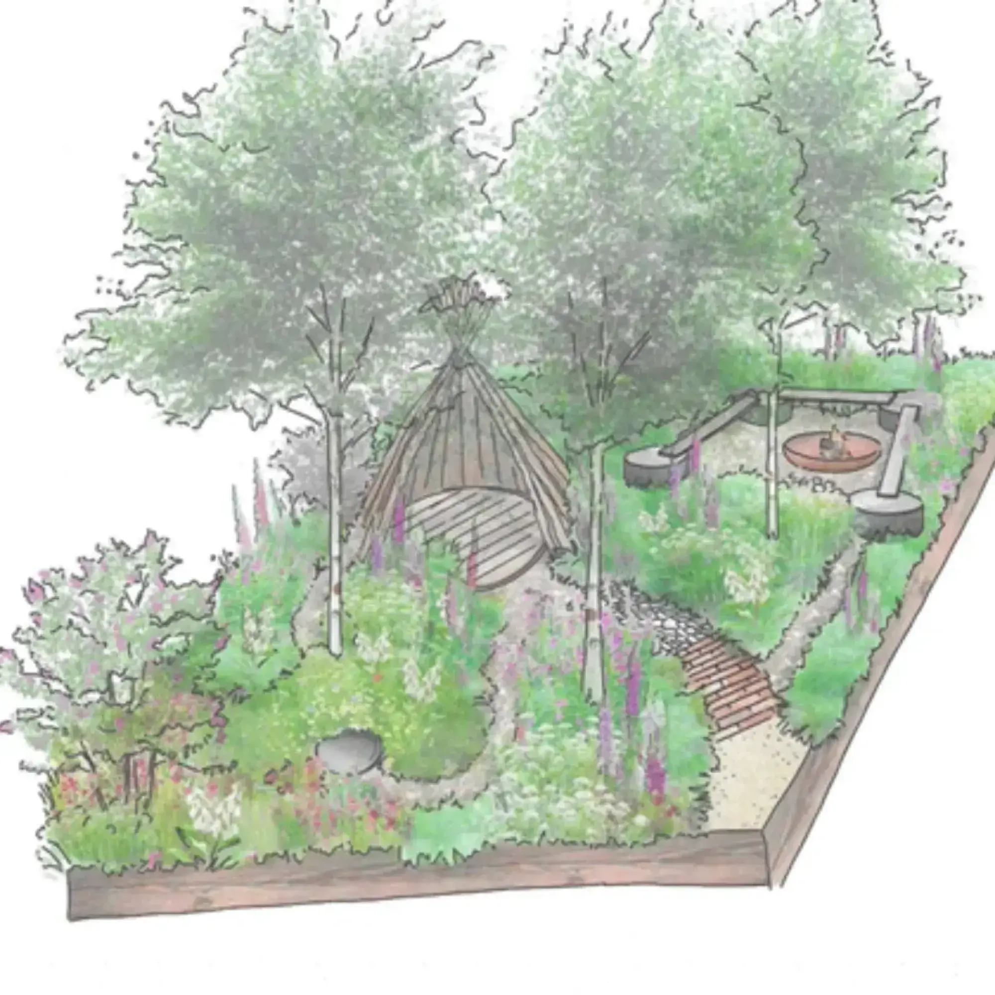 A woodland garden with a conical timber shelter, a raised fire pit with seating, and a winding path through lush green and purple plants.