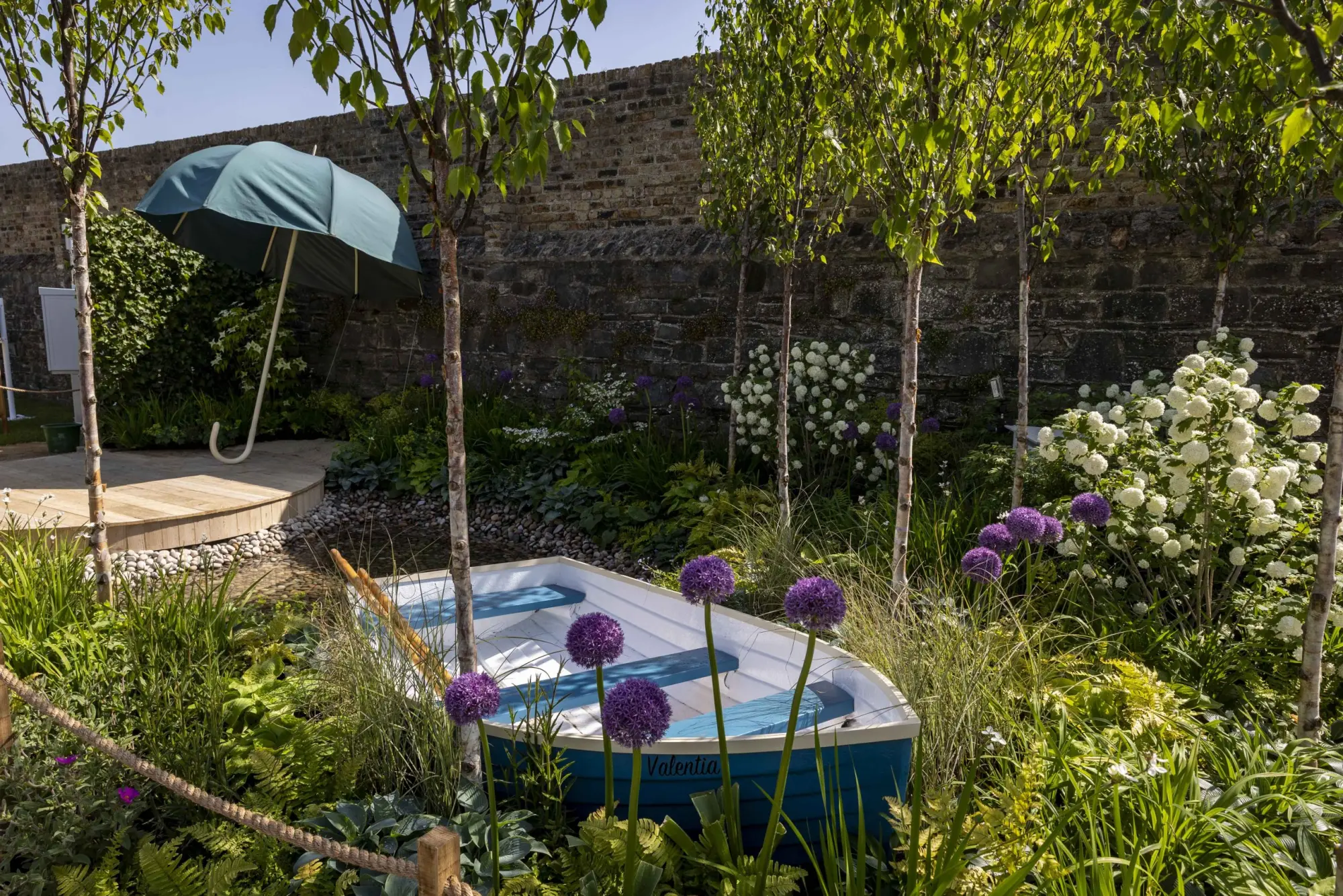 A tranquil small show garden features a blue rowing boat in a water rill, a large blue umbrella, a curved wooden deck, and a variety of plants including birch trees, purple alliums, white viburnum, and ferns.