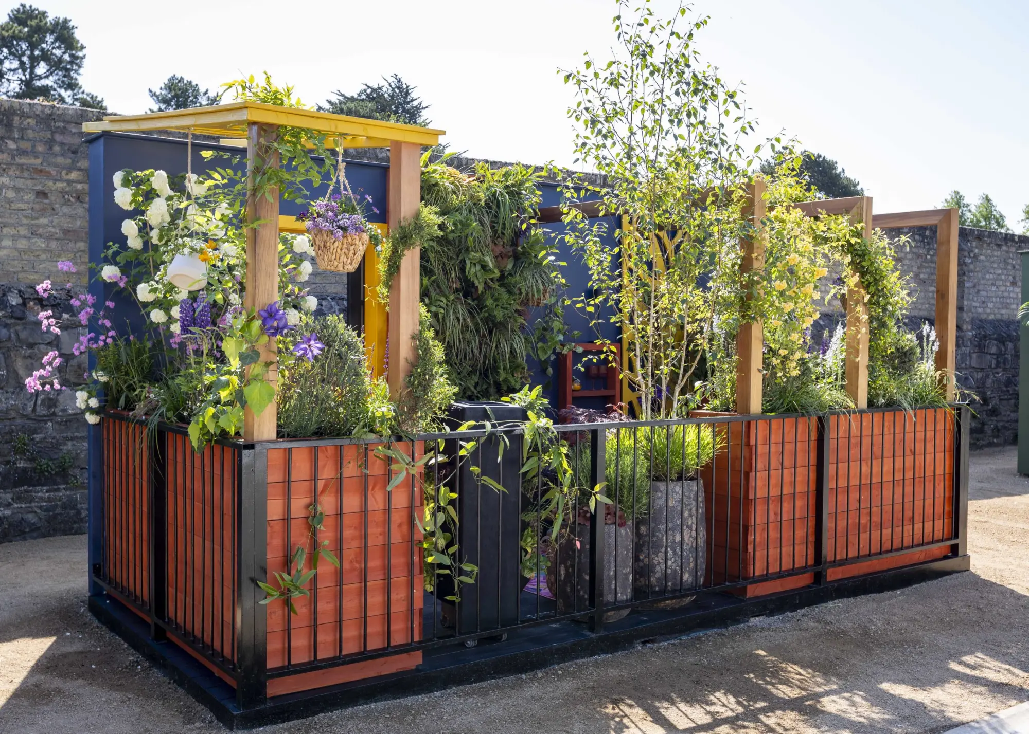 A vibrant balcony garden features a yellow timber pergola, red slatted planters with lush green foliage and colourful flowers, and a striking vertical garden wall against a dark blue backdrop.