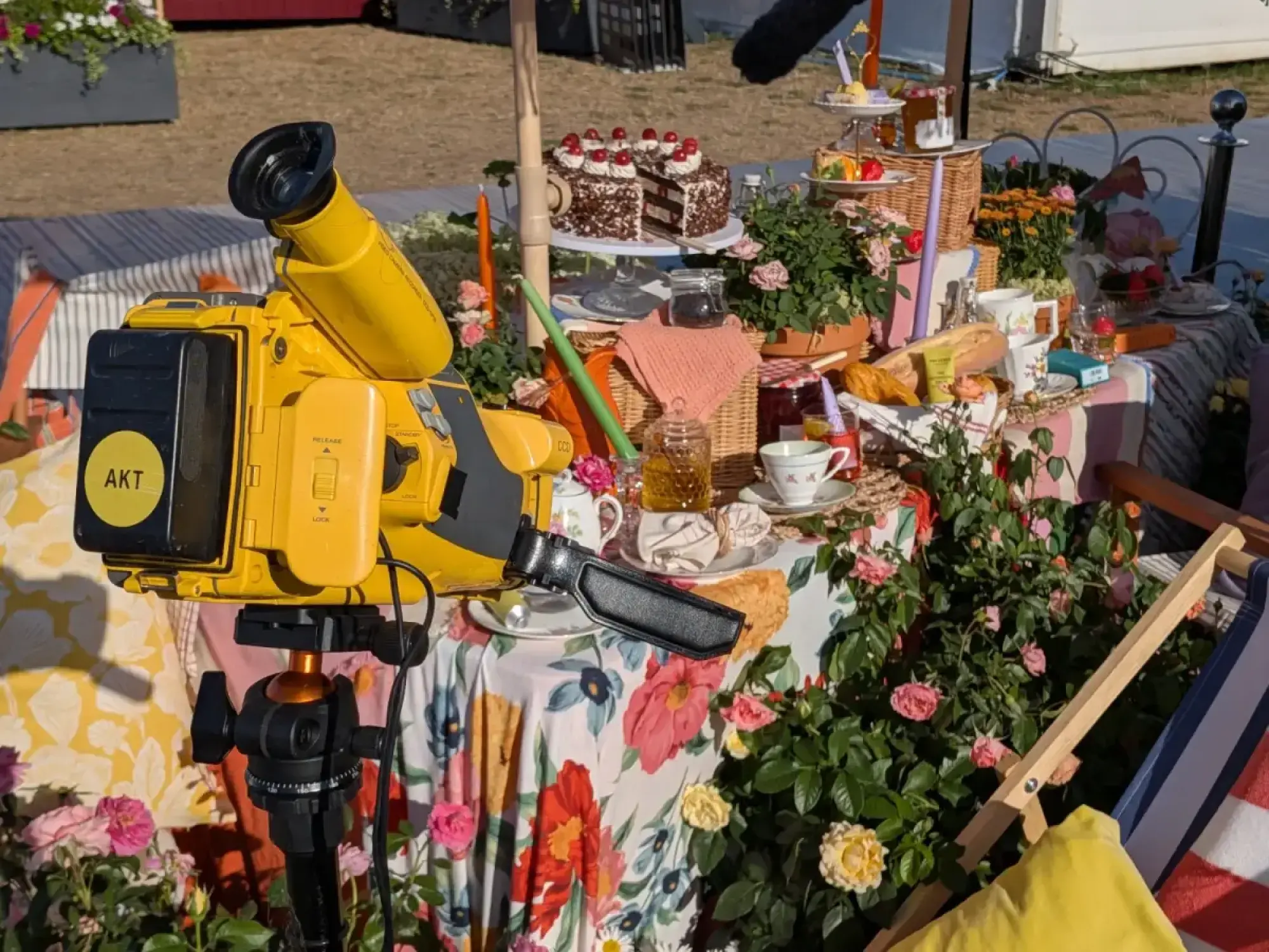 A trade stand features a colourful afternoon tea picnic on a floral tablecloth, with cakes, teacups, pink and yellow roses, and a striped deck chair.