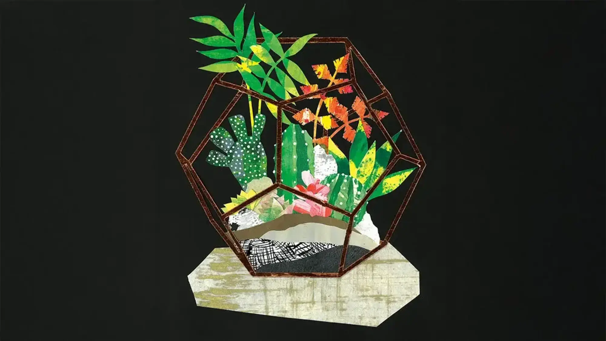 A vibrant paper collage depicts a variety of green and orange tropical plants and cacti inside a geometric terrarium with a copper-toned frame.