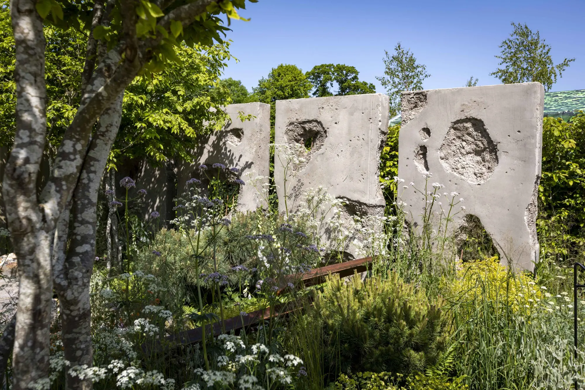 Three ruined concrete panels with large holes stand in a garden of white and purple wildflowers, green shrubs, and a rusty metal beam.