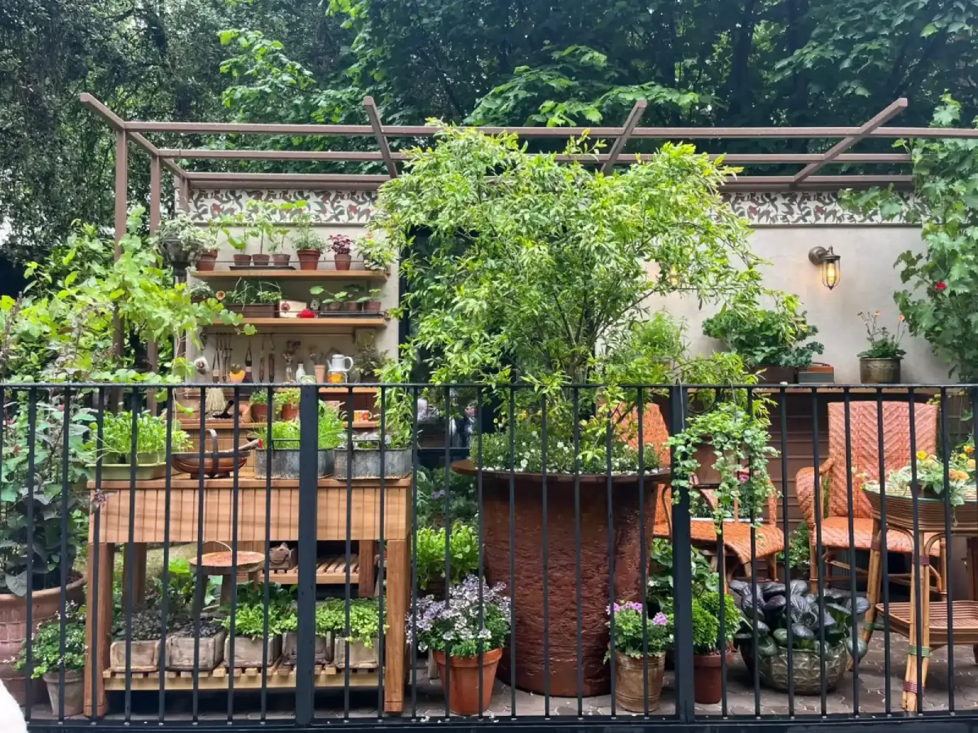 A lush balcony garden featuring a large potted tree, a wooden potting bench, wicker chairs, and abundant plants against a decorative wall.