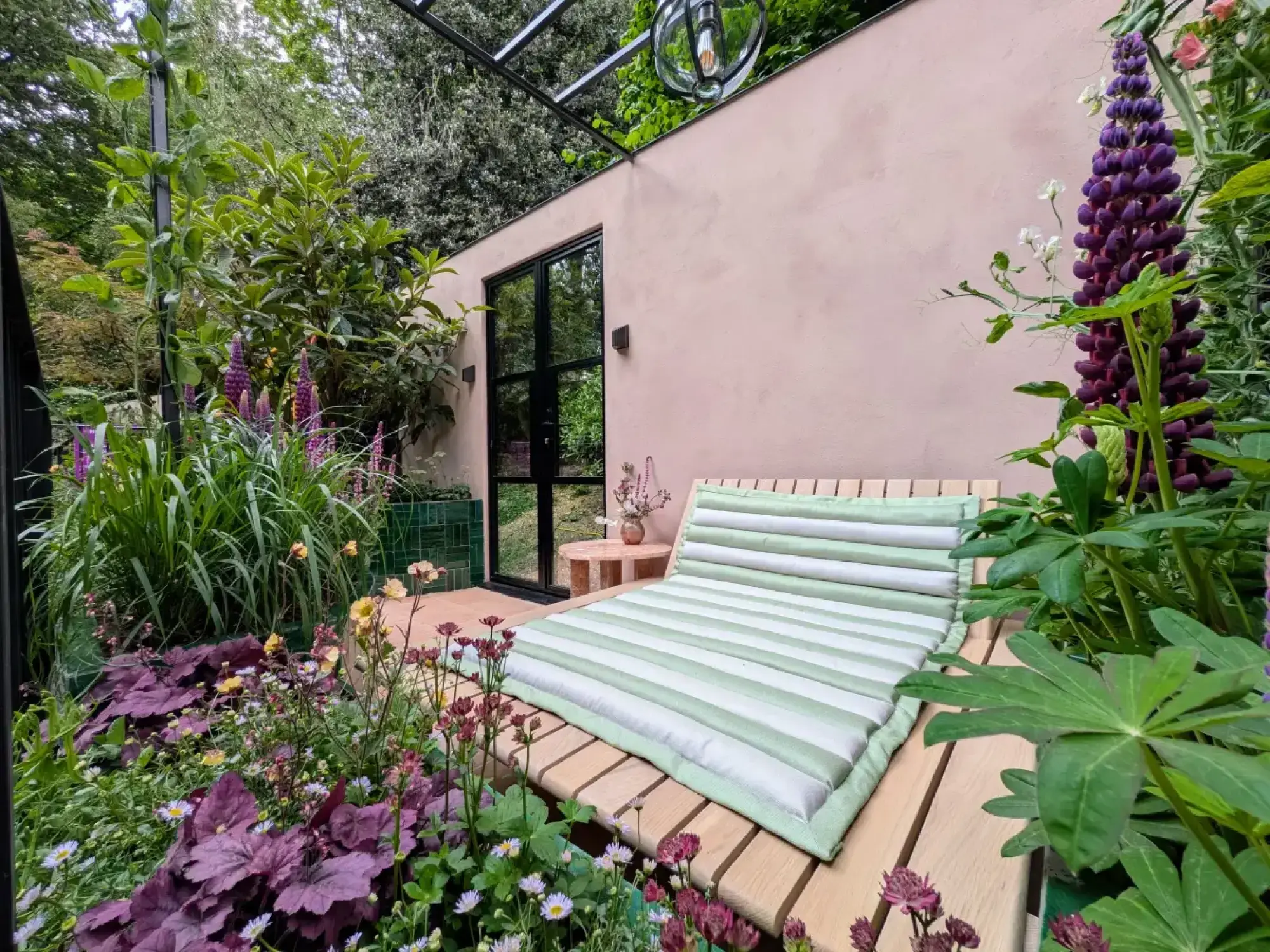 A contemporary balcony garden featuring a wooden slatted daybed with a striped green cushion, set against a pink rendered wall with a black framed glass door, lush purple lupins, dark heuchera, and ornamental grasses.