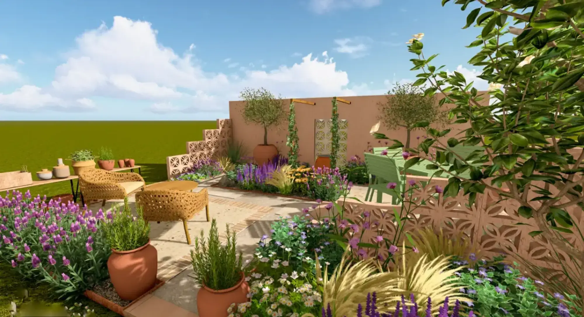 A Mediterranean garden with peach walls, patterned terracotta screens, woven furniture, olive trees, purple lavender, and ornamental grasses.