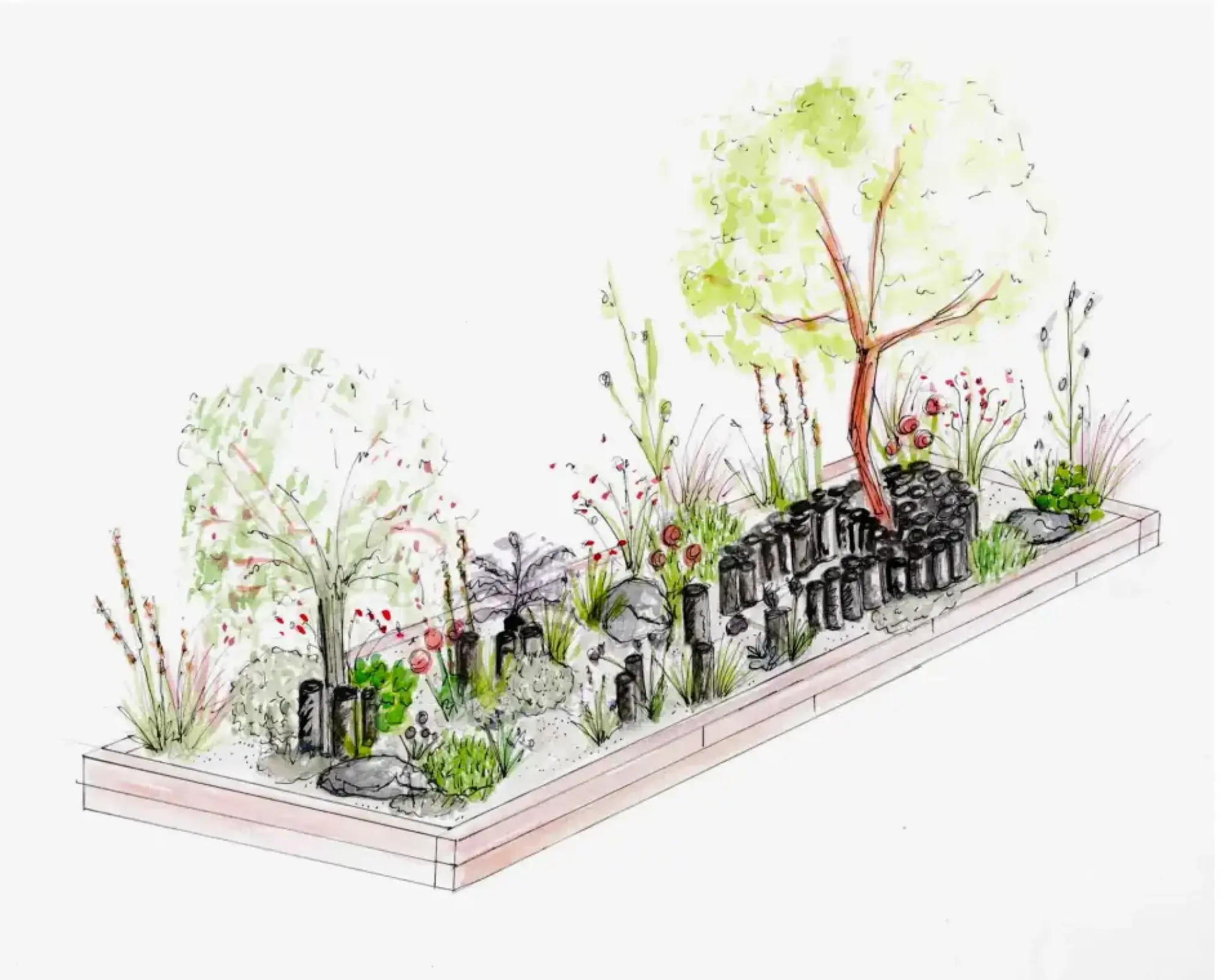 A contemporary raised border garden features two small trees with red trunks, dark cylindrical charcoal-like elements, mixed grasses, and spherical red flowers over light grey gravel.