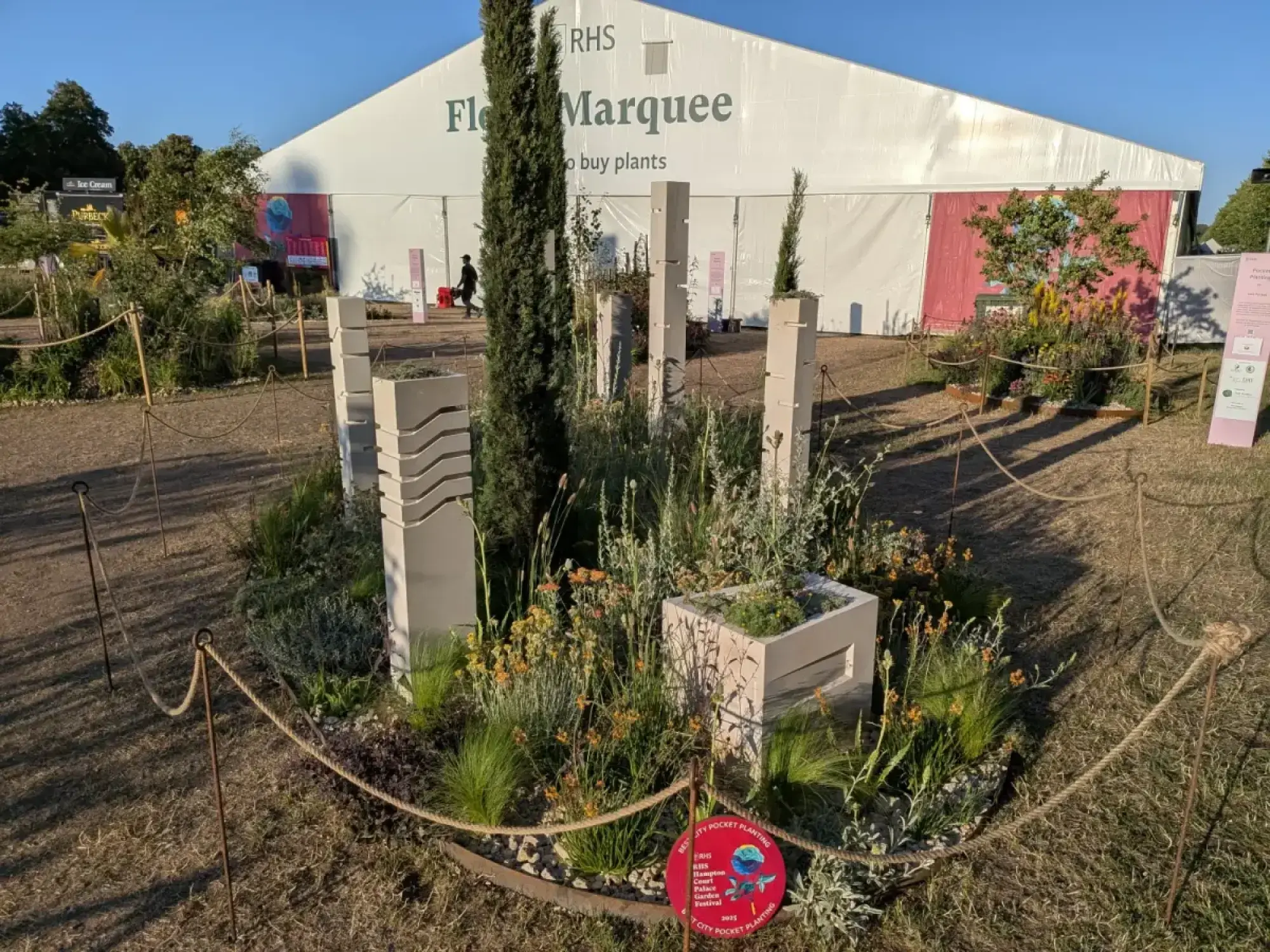 A contemporary pocket garden featuring light-coloured concrete pillars and planters, with a tall conifer surrounded by drought-tolerant grasses, silvery foliage, and small orange flowers.