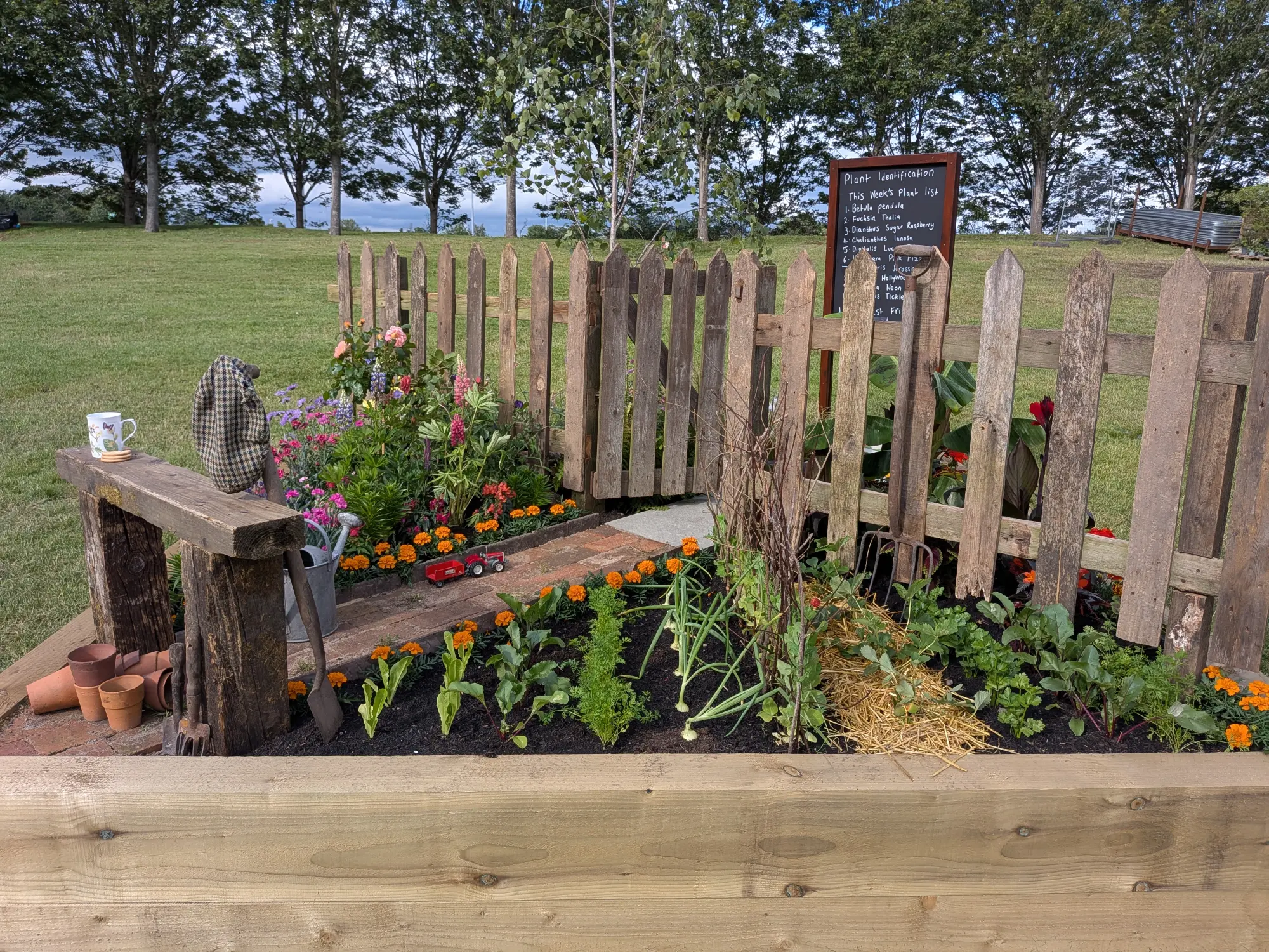 A rustic border features a weathered picket fence, a wooden raised bed with mixed vegetables, strawberries, and colourful flowers.