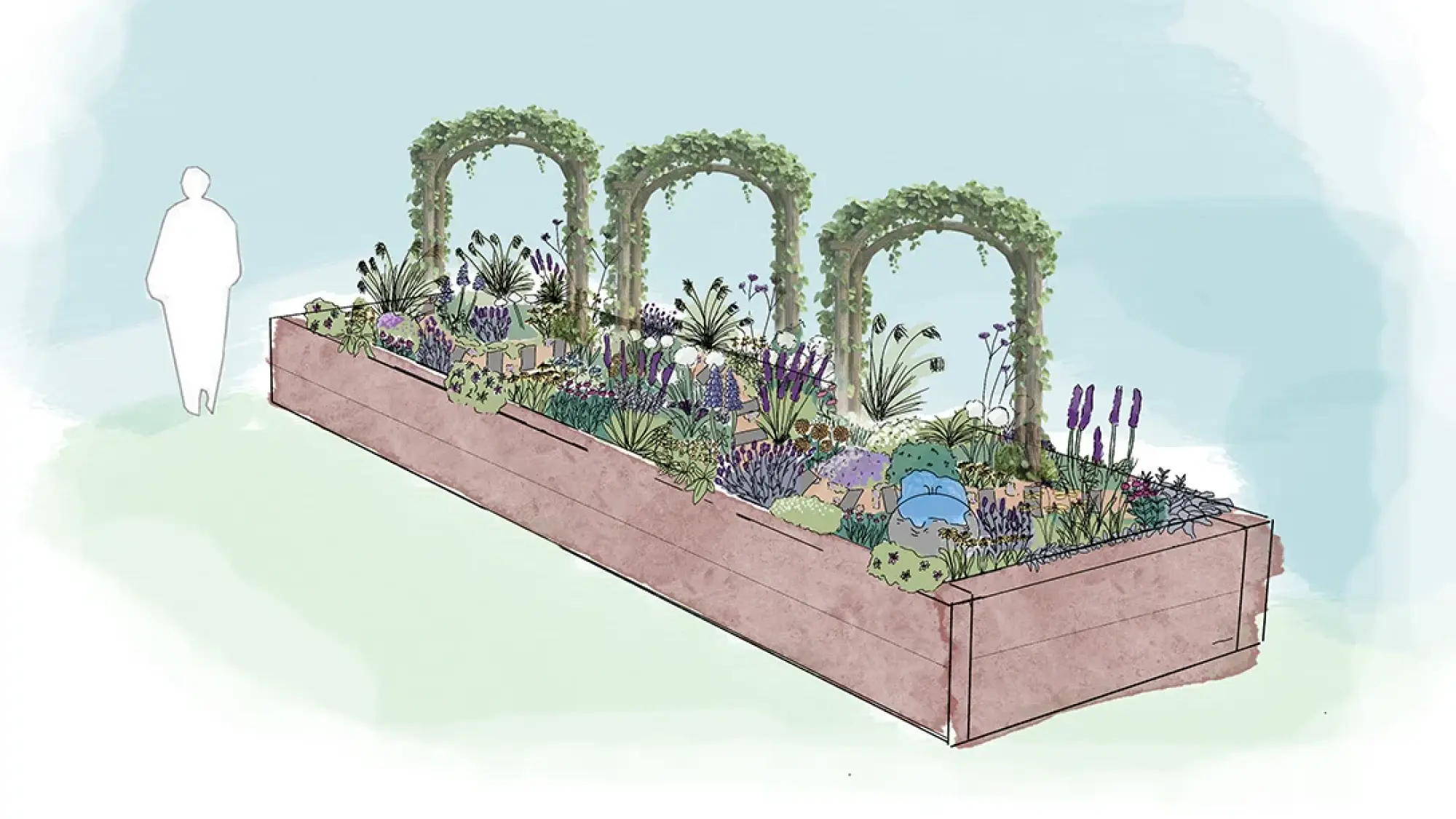 A long raised timber garden bed filled with mixed ornamental purple and green planting, featuring three vine-covered archways.