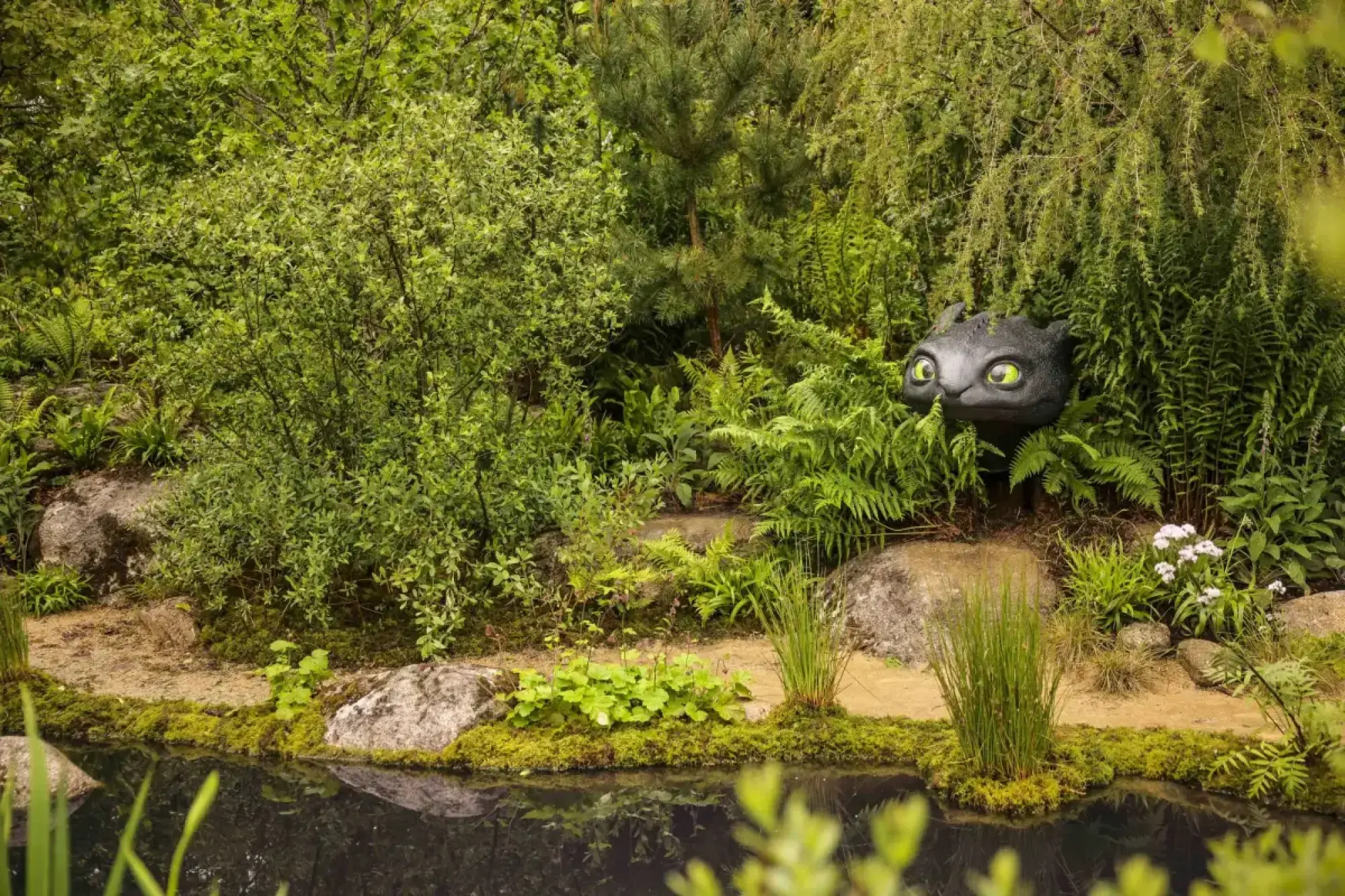 A dark dragon head sculpture with large green eyes peeks out from lush green ferns and foliage beside a still, dark pond with mossy banks and scattered rocks.