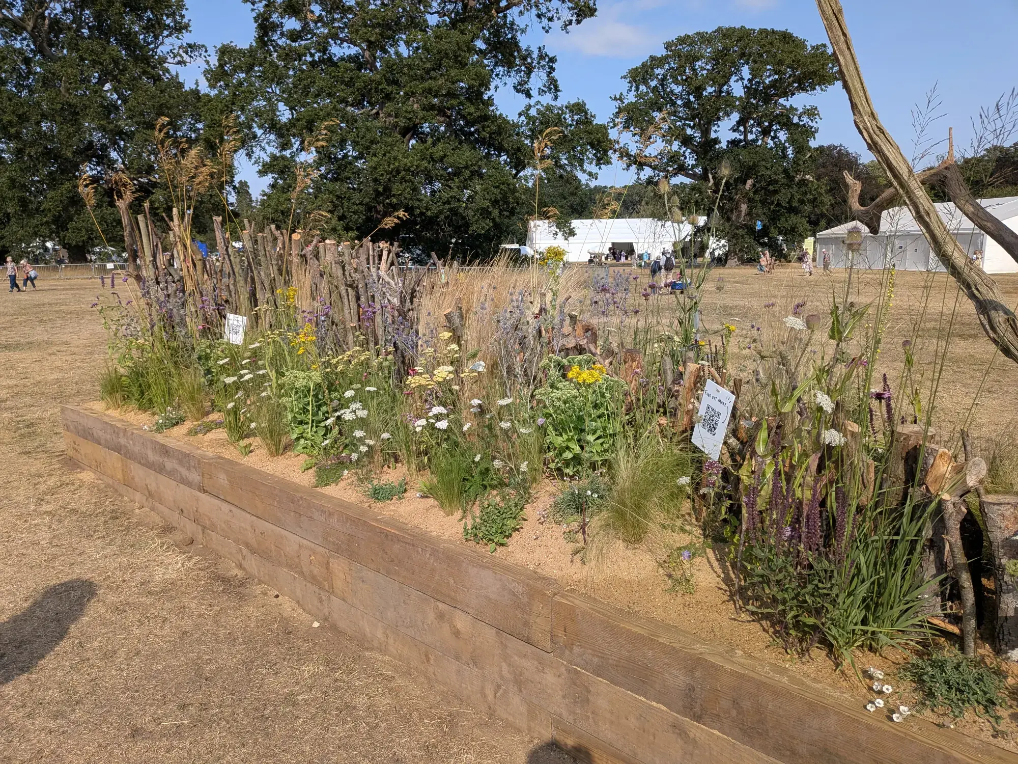 A long, raised timber border with a rustic log fence, filled with sandy soil and naturalistic planting of ornamental grasses and wildflowers.