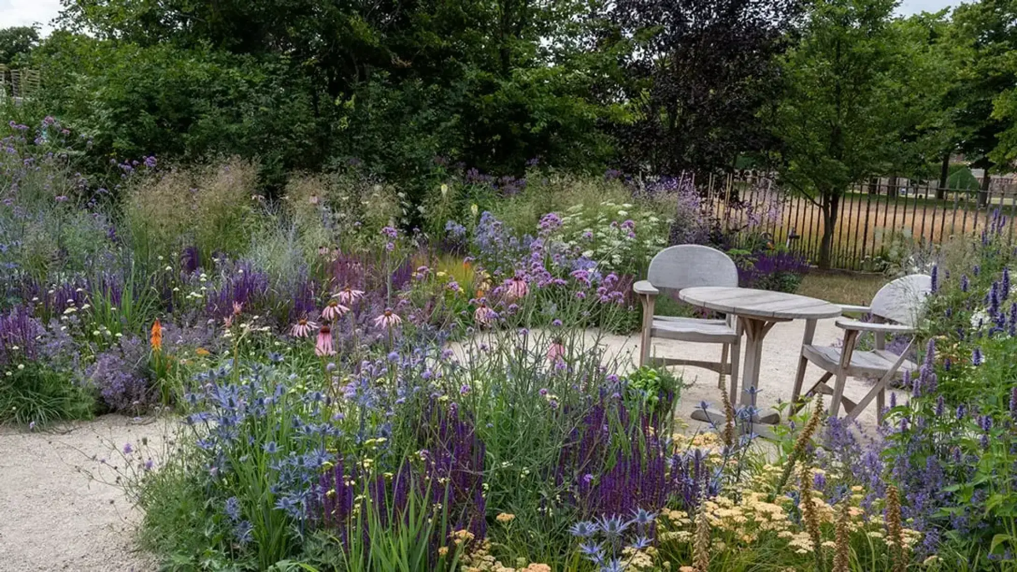 A naturalistic garden features a gravel patio with weathered wooden table and chairs, surrounded by abundant purple, blue, and pink flowering perennials and ornamental grasses.