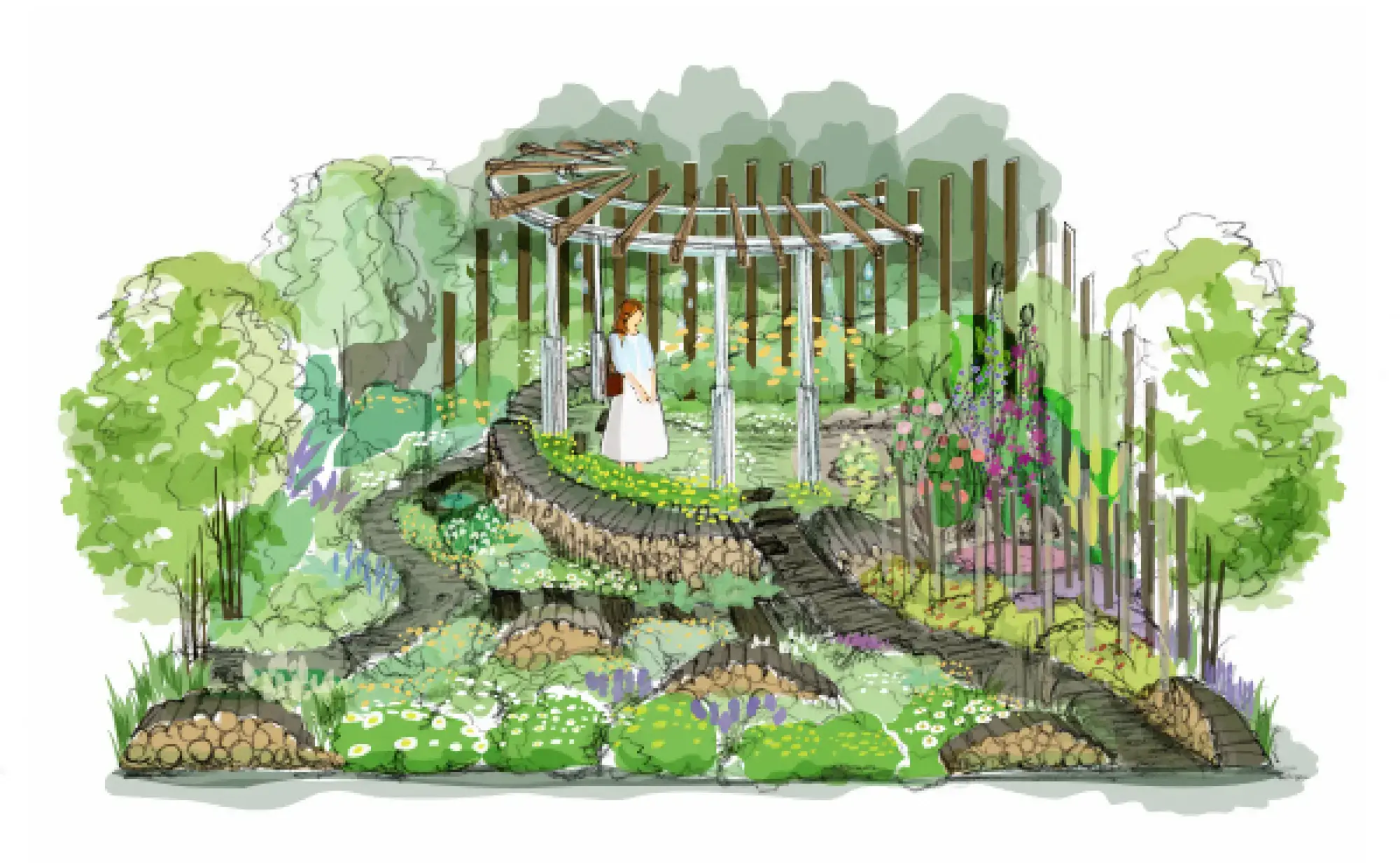 A tiered woodland show garden featuring a curved wooden pergola, winding paths, log retaining walls, and dense planting with white and yellow flowers.
